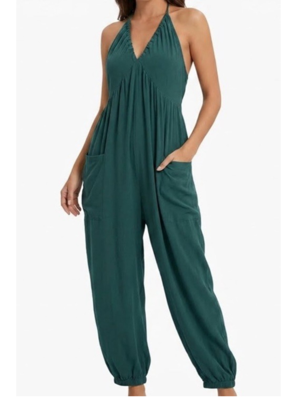 Women’s Teal Halter Jumpsuit with Gathered Pockets Size XL casual trendy comfor